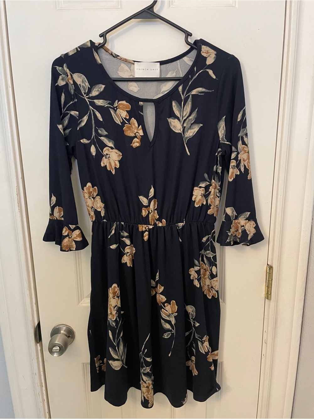 French Grey Navy Floral Keyhole Waist Dress with Ruffle Sleeves
